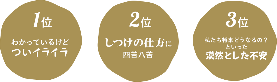 1位：わかっているけどついイライラ／2位：しつけの仕方に四苦八苦／3位：私たち将来どうなるの？といった漠然とした不安